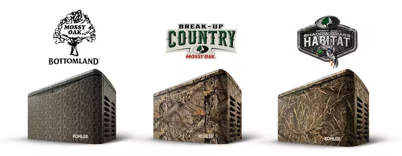 Three Kohler generators with Mossy Oak patterns. From left to right: a generator with Bottomland pattern featuring gray and brown bark-like design; a generator with Break-Up Country pattern showing green, brown, and tan woodland elements; and a generator with Shadow Grass Habitat pattern in tall brown and tan grass design. Each generator is placed under its respective Mossy Oak pattern logo.